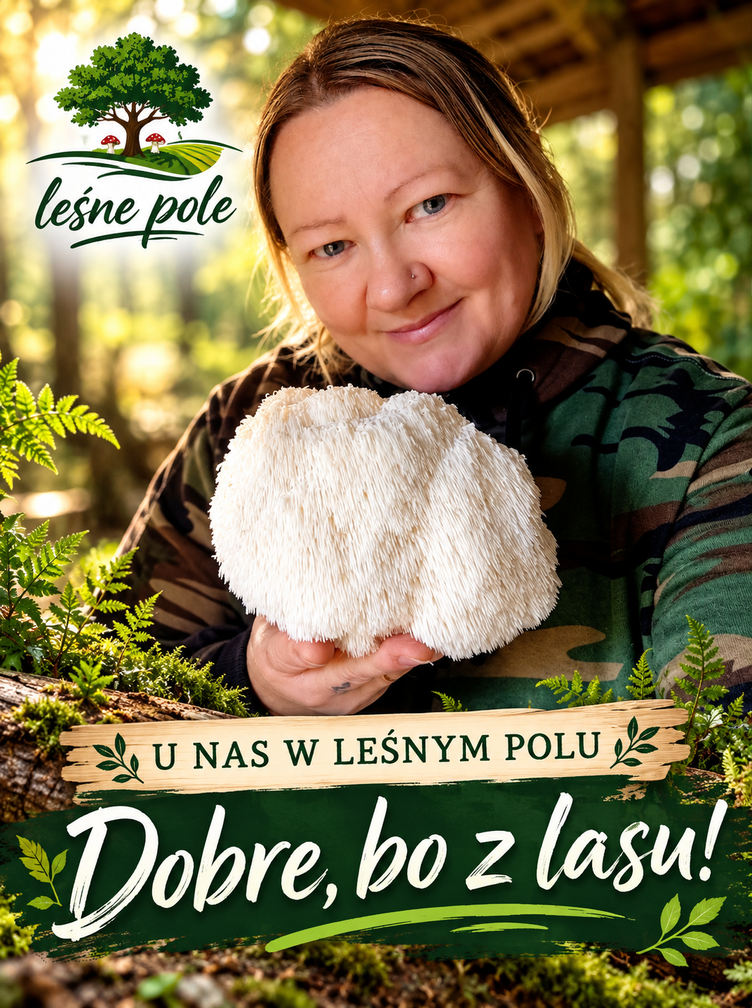 Leśne Pole — kobieta prezentuje soplówkę jeżowatą, z hasłem Dobre, bo z lasu